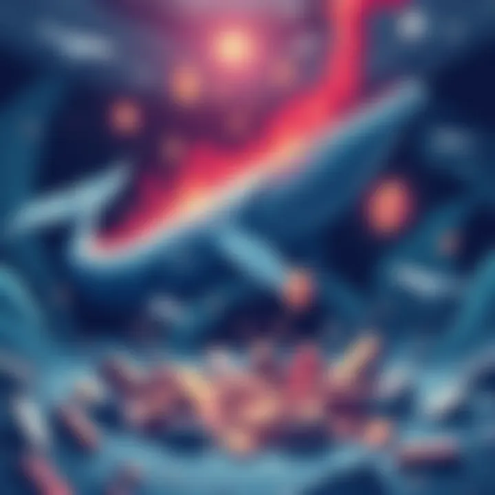 A dramatic illustration depicting the turmoil among Ethereum whales amid market downturns, showcasing liquidated assets and a contrast with stable cryptocurrencies.