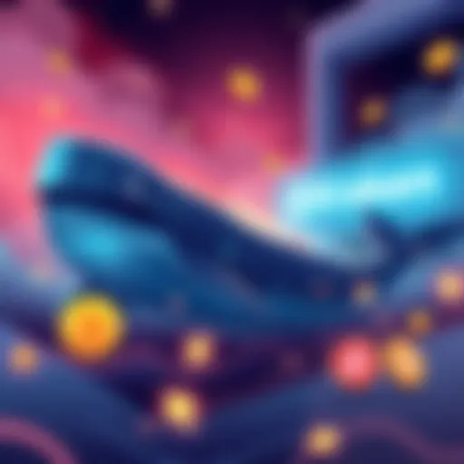 An illustration of a large Ethereum whale transferring ETH to a Kraken exchange, showing digital currency symbols and the Kraken logo.