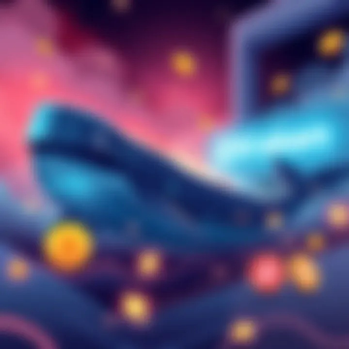 An illustration of a large Ethereum whale transferring ETH to a Kraken exchange, showing digital currency symbols and the Kraken logo.