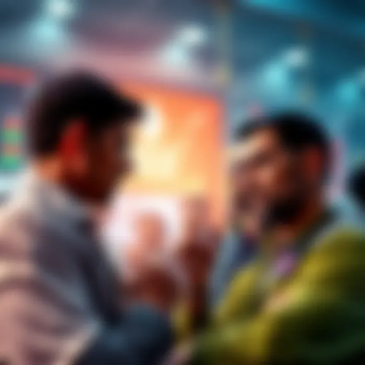 A group of concerned investors discussing their Ethereum holdings, reflecting stress and uncertainty in a market setting.