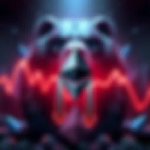 A graphic showing Ethereum's logo with downward trend arrows and a bear illustration in the background.