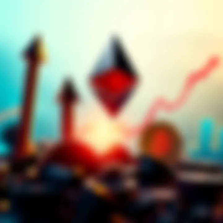 A graphic showing Ethereum's projected growth surpassing Bitcoin's gains over three years with upward arrows and charts.