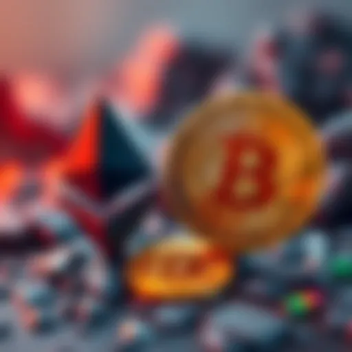 Side-by-side view of Ethereum and Bitcoin logos showing their performance differences, with a downward trend for Ethereum and an upward trend for Bitcoin.