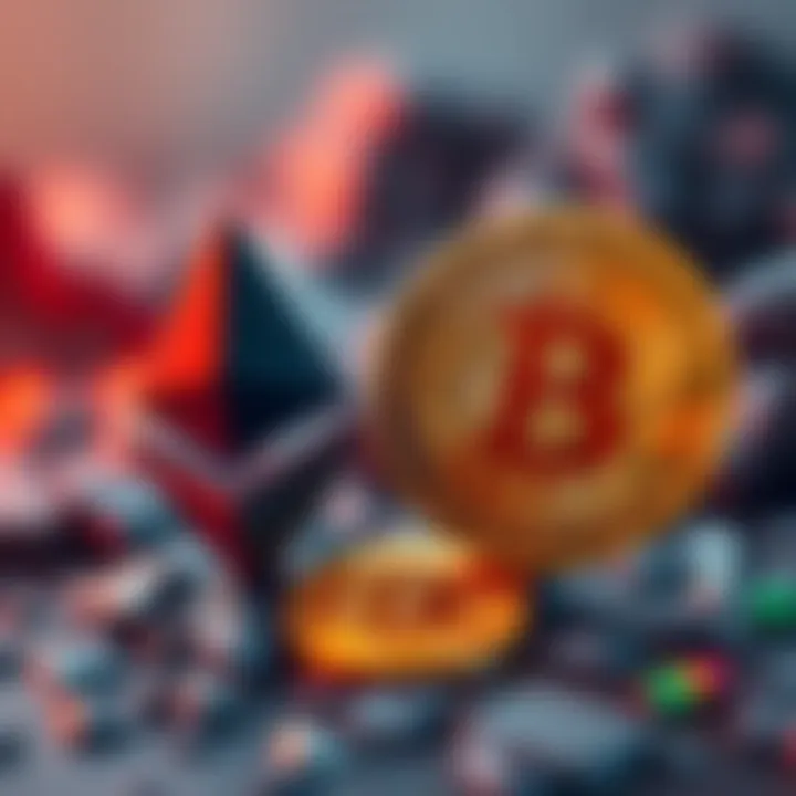 Side-by-side view of Ethereum and Bitcoin logos showing their performance differences, with a downward trend for Ethereum and an upward trend for Bitcoin.