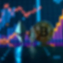 A visual comparison of Ethereum and Bitcoin symbols with a digital background showing increasing usage graphs.