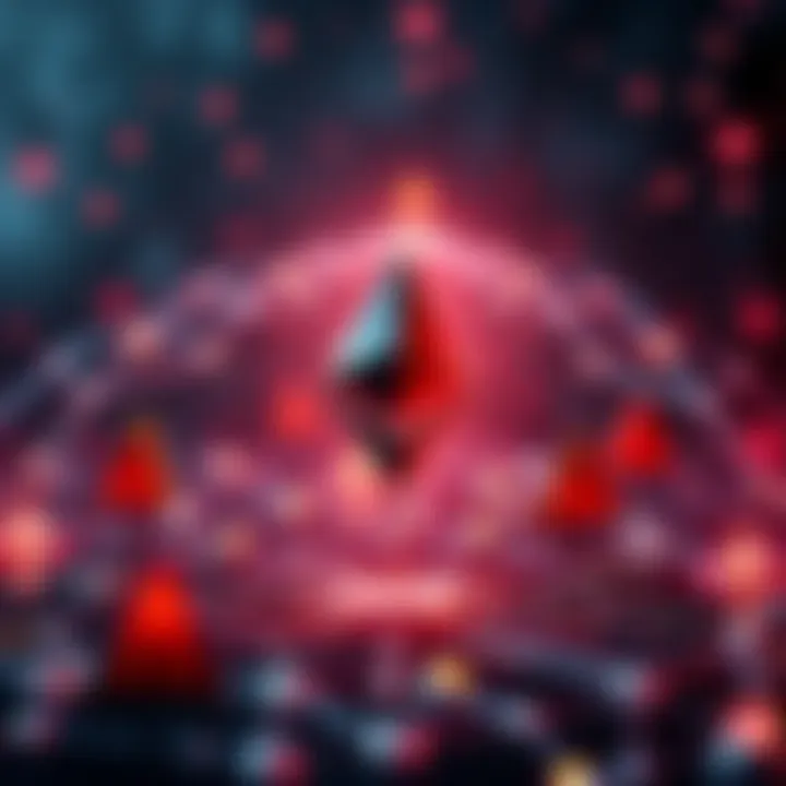A visual representation of challenges facing Ethereum, showing a blockchain network with warning signs.