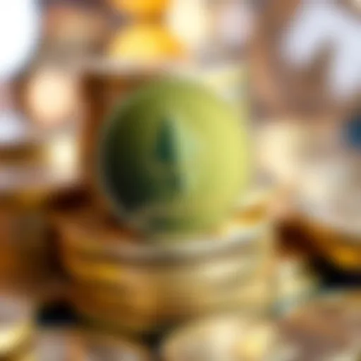 A close-up of shiny Ethereum coins stacked together, representing investment and wealth.