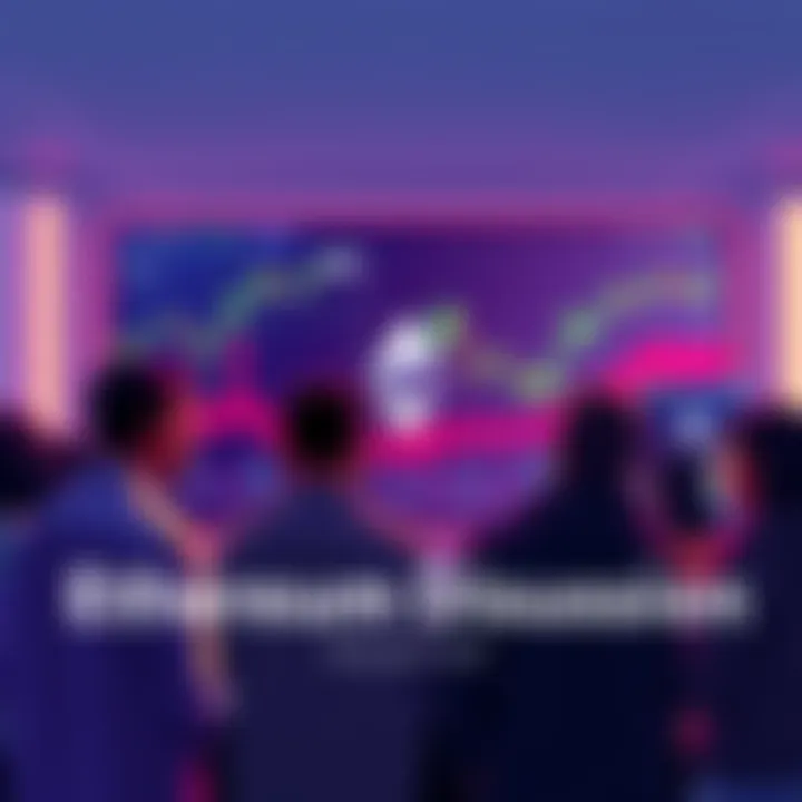 Ethereum Community Discussion Group of people discussing Ethereum with charts and news on a screen