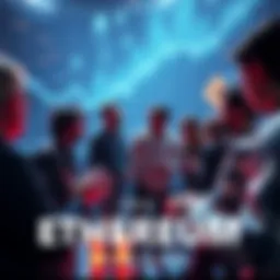 People engaging in a discussion about Ethereum, sharing insights and news about cryptocurrency, with a digital background of Ethereum graphics.