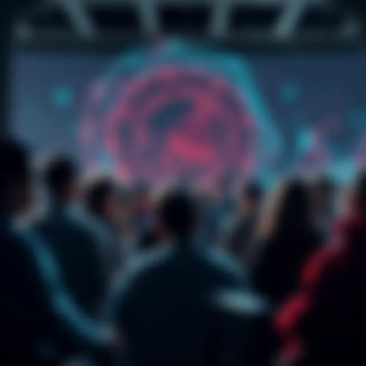 A group of people engaging in a heated discussion about Ethereum's future, with digital graphics representing blockchain technology in the background.