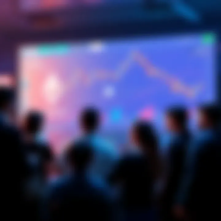 A group of people engaging in discussion about Ethereum, with charts and graphs on a screen in the background, showcasing cryptocurrency trends.