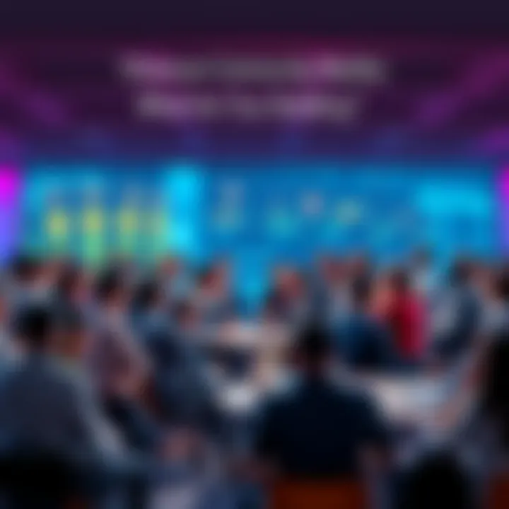 A diverse group of people discussing and sharing projects related to Ethereum technology in a collaborative setting.