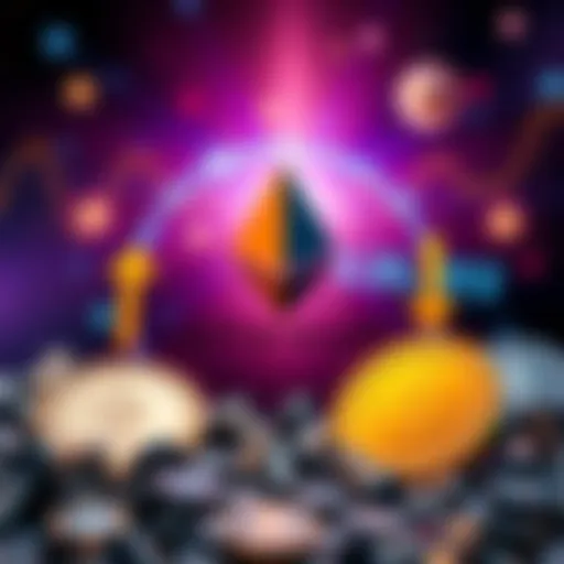 A graphic showing the Ethereum logo and stablecoins with arrows indicating conversion