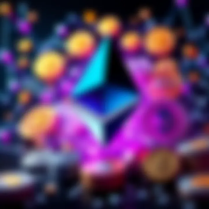 Ethereum logo surrounded by various cryptocurrency icons and blockchain elements