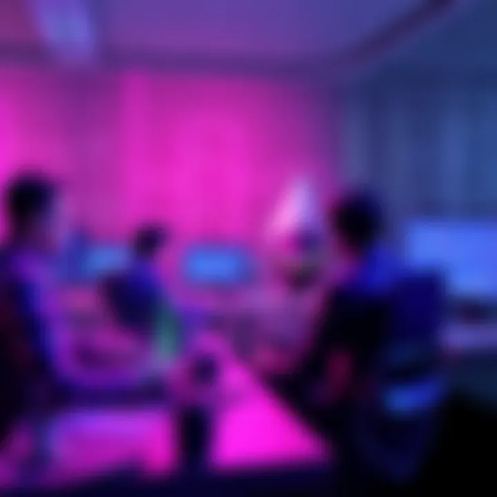 A group of people engaging in a lively discussion about Ethereum, with computers and charts showing cryptocurrency trends