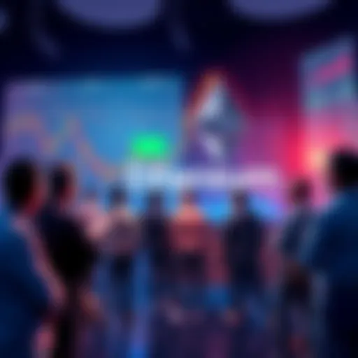 A group of people engaging in a discussion about Ethereum, with charts and news articles about cryptocurrency in the background.