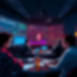 A group of people engaging in discussion about Ethereum with charts and news articles visible on screens