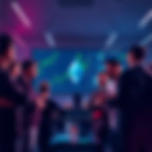 A group of people engaging in a lively conversation about Ethereum, with charts and news articles visible on a screen in the background.