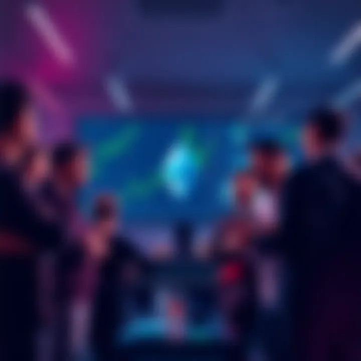 A group of people engaging in a lively conversation about Ethereum, with charts and news articles visible on a screen in the background.