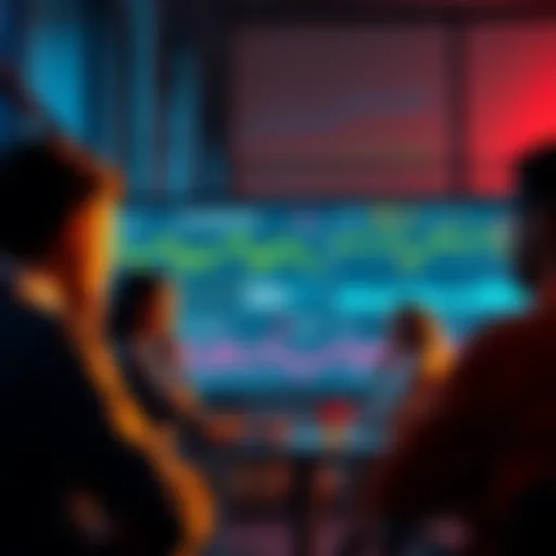 A group of people engaging in conversation about Ethereum with charts and news on a screen in the background.
