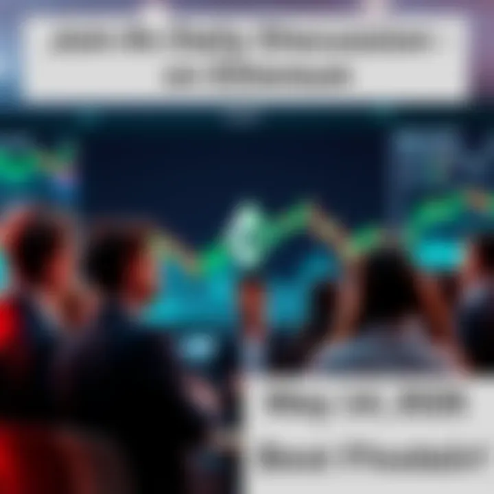 People engaging in conversation about Ethereum with charts and price updates in the background