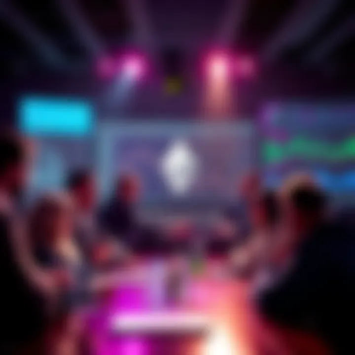 A group of people engaging in a discussion about Ethereum in an online forum setting, with charts and graphs in the background.