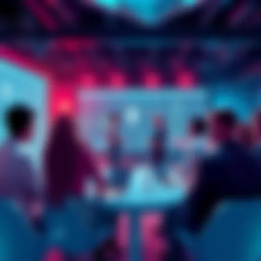 A group of people discussing Ethereum topics in a lively setting, with charts and news articles visible on a screen.