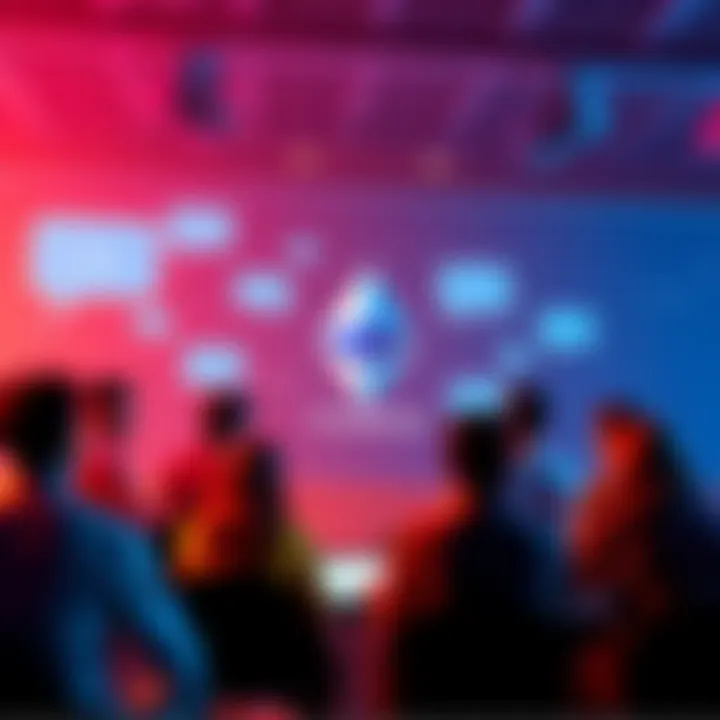People discussing Ethereum in an online forum setting with chat bubbles and digital graphics of the Ethereum logo.