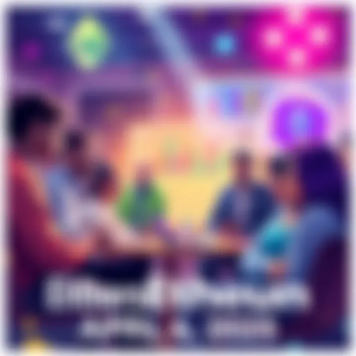 Dynamic Ethereum Community Discussion A vibrant graphic illustrating a diverse group of individuals engaging in a lively discussion about Ethereum, featuring charts and digital technology elements.