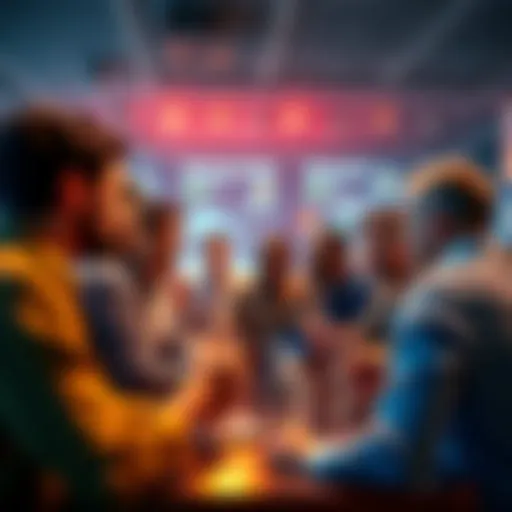 A diverse group of people engaging in a lively discussion about Ethereum's price and updates in a digital forum setting.