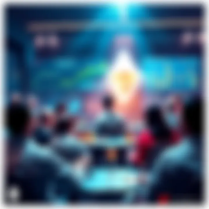 A group of people engaging in a discussion about Ethereum, with charts and news articles in the background.