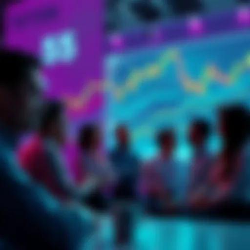 A group of people engaging in a vibrant conversation about Ethereum topics, with charts and graphs displaying price movements in the background.