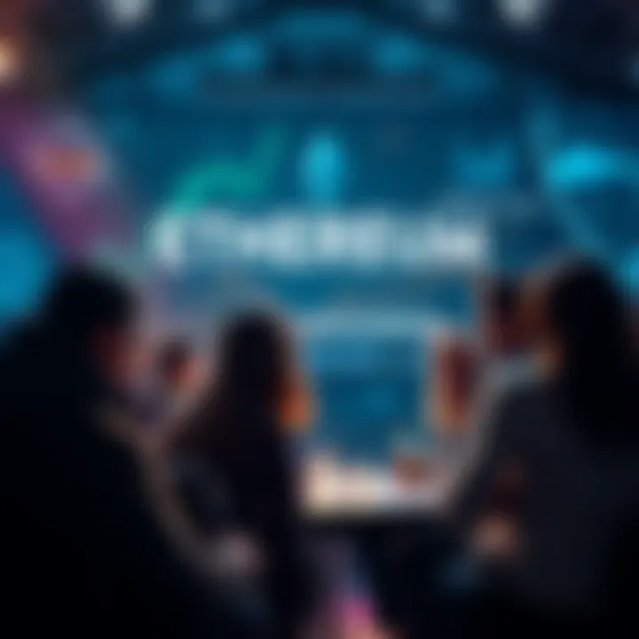 A group of people engaging in conversation about Ethereum, sharing news and insights, with digital graphics related to cryptocurrency in the background.