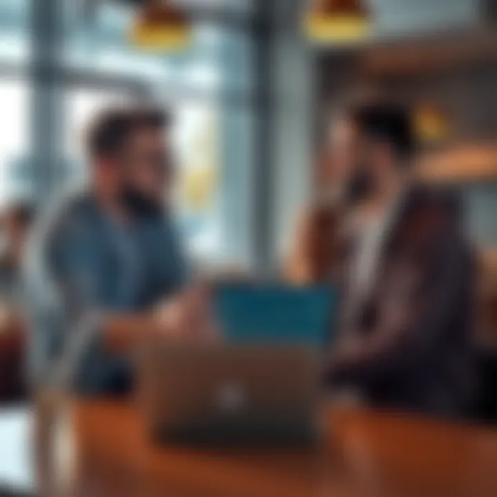 Two friends discussing Ethereum in a coffee shop, with a laptop open showing crypto charts.