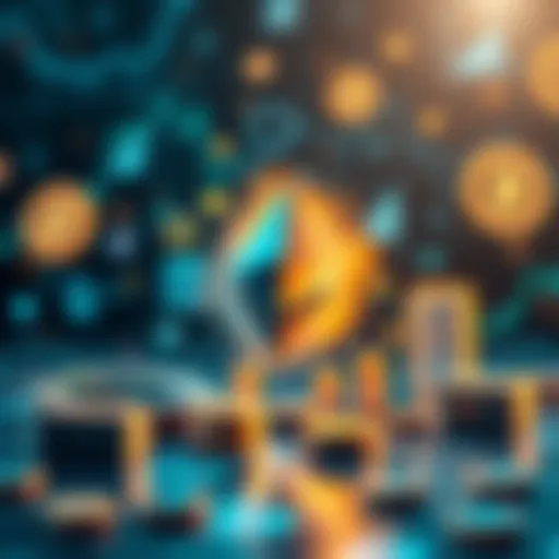 An illustration showing Ethereum logo connected to various financial symbols like coins, charts, and digital apps, symbolizing its impact on future finance