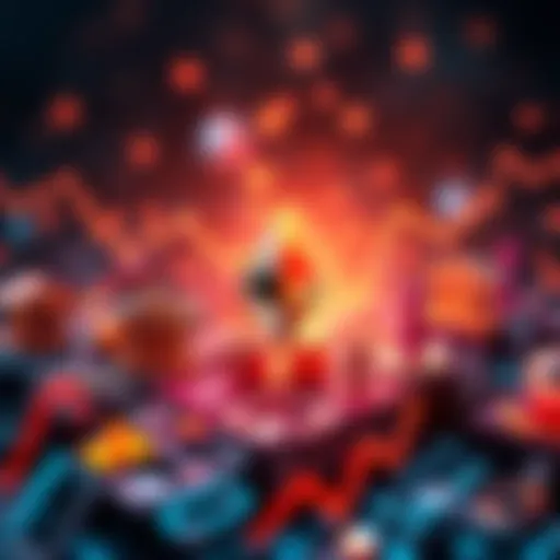 A digital representation of the Ethereum blockchain with icons of banks and finance, symbolizing investment and growth in decentralized finance.