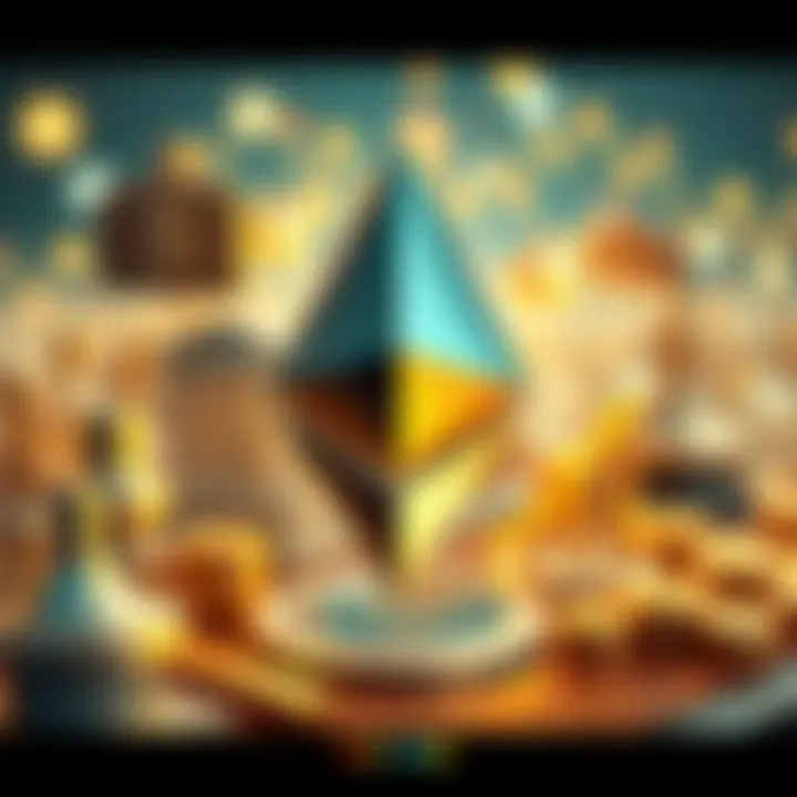 The Ethereum logo surrounded by symbols representing banks and finance, illustrating its appeal to financial institutions.