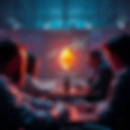 People engaging in a discussion about Ethereum with charts and news articles in the background