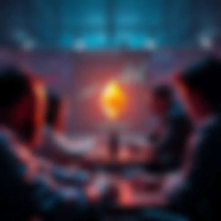 Ethereum General Discussion People engaging in a discussion about Ethereum with charts and news articles in the background