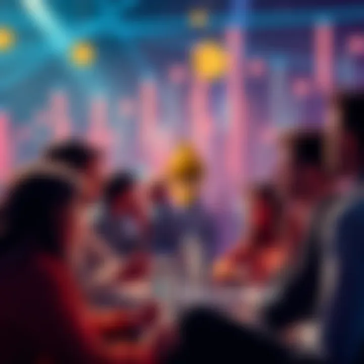 Engaging Ethereum Discussion Community members engaging in a lively Ethereum discussion, surrounded by digital currency visuals and blockchain graphics.