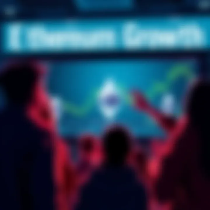 A group of people analyzing Ethereum market trends on a digital screen, expressing excitement and anticipation for future investments.