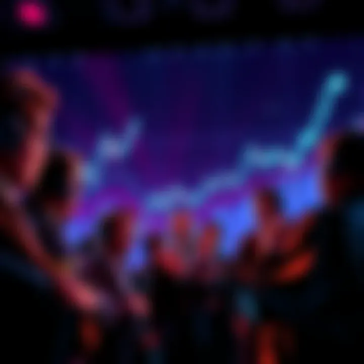 A group of crypto maxis discussing Ethereum's potential, with charts showing upward trends in the background.