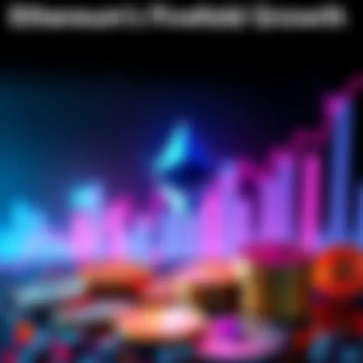 Visual representation of Ethereum's potential growth with charts and coins, highlighting increasing transaction volumes and institutional interests.