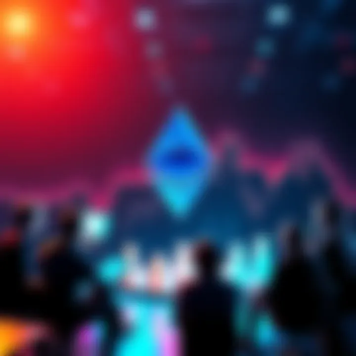 Ethereum logo surrounded by developers and investors discussing growth potentials in cryptocurrency