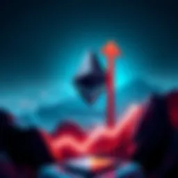 Ethereum logo with an arrow pointing up, representing growth in market share and technology
