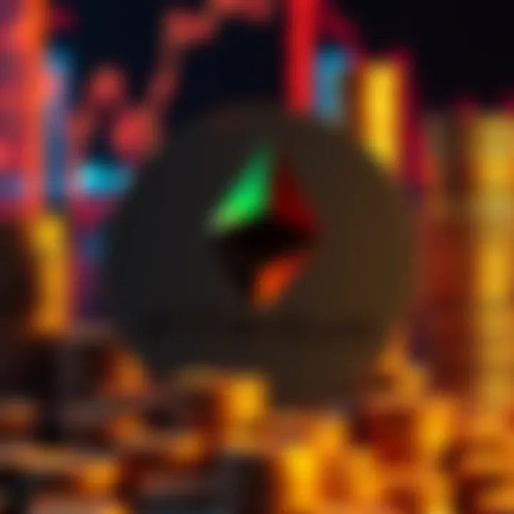 A graphic showing a large Ethereum logo surrounded by stacks of coins, representing SBET's accumulation of Ethereum worth over $1 billion.