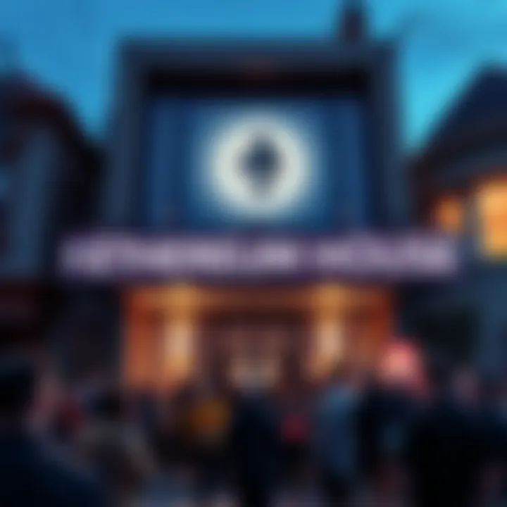 The grand opening of Ethereum House in San Francisco with people gathered and a banner showcasing the Ethereum logo.