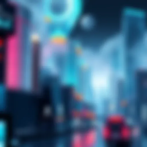 A visual representation of a futuristic city influenced by Ethereum technology, showcasing digital networks and industry transformations.