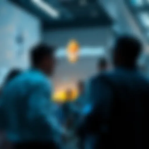 Group of professionals discussing Ethereum adoption at the launch event of Ethereum Institutional, highlighting institutional support.