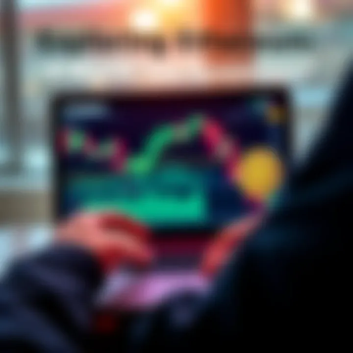 A person analyzing Ethereum charts on a laptop while holding Bitcoin coins in one hand.